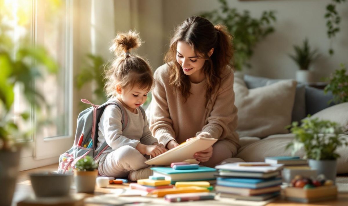 Nounou aidant un enfant à préparer son sac d'école dans un salon cosy, lumière douce du matin traversant la fenêtre, canapé et jouets en arrière-plan, moment naturel et chaleureux.