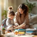 Nounou aidant un enfant à préparer son sac d'école dans un salon cosy, lumière douce du matin traversant la fenêtre, canapé et jouets en arrière-plan, moment naturel et chaleureux.