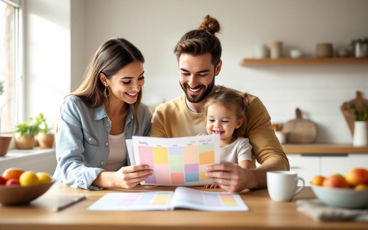 Deux parents et une nounou consultent un planning familial hebdomadaire coloré posé sur une table de cuisine en bois, souriants, avec une tasse et un bol de fruits, dans une cuisine moderne blanche baignée d'une lumière naturelle chaude et douce.