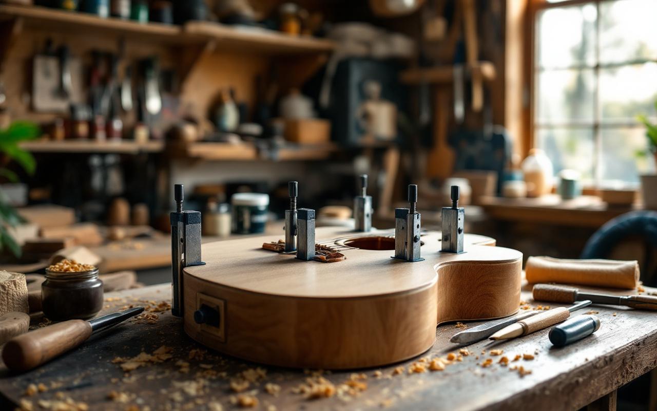 Banc d'atelier en bois avec serre-joints et ciseaux &agrave; bois autour d'un kit de guitare en cours d'assemblage, copeaux sur le plan de travail, &eacute;tag&egrave;res &agrave; outils en arri&egrave;re-plan et lumi&egrave;re naturelle lat&eacute;rale chaude.
