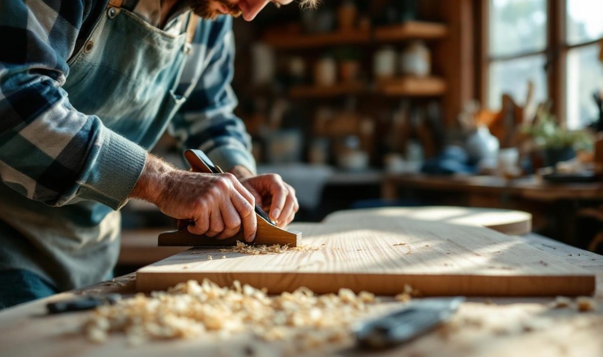 luthier-rabotant-une-table-dharmonie-en-epicea-sur-un-etabli-en-bois-use-gros-plan-sur-des-copeaux-en-spirale-autour-dun-rabot-manuel-outils-en-arriere-plan-et-lumiere-naturelle-douce-entrant