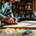 luthier-rabotant-une-table-dharmonie-en-epicea-sur-un-etabli-en-bois-use-gros-plan-sur-des-copeaux-en-spirale-autour-dun-rabot-manuel-outils-en-arriere-plan-et-lumiere-naturelle-douce-entrant