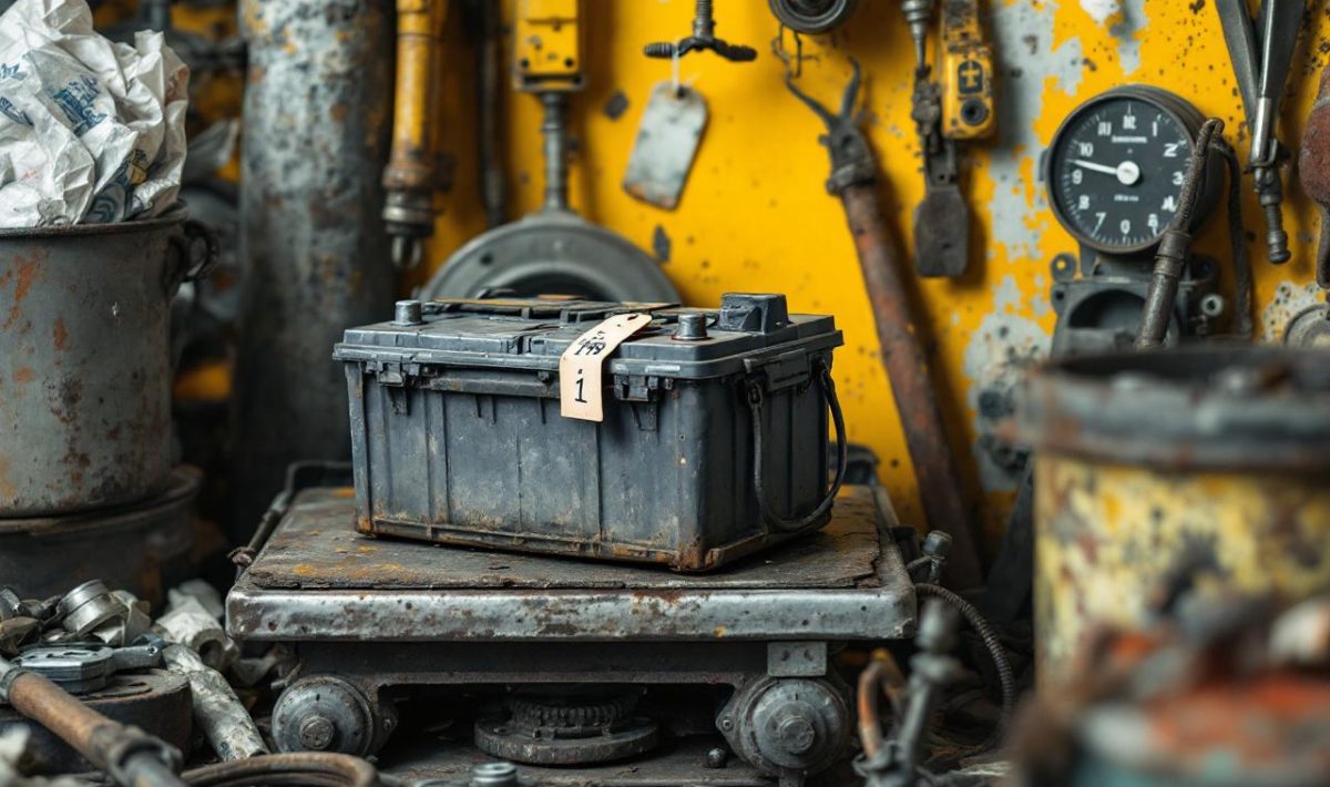 Batterie de voiture usagée posée sur une balance d’atelier, dans un environnement évoquant le recyclage automobile.