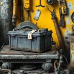 Batterie de voiture usagée posée sur une balance d’atelier, dans un environnement évoquant le recyclage automobile.