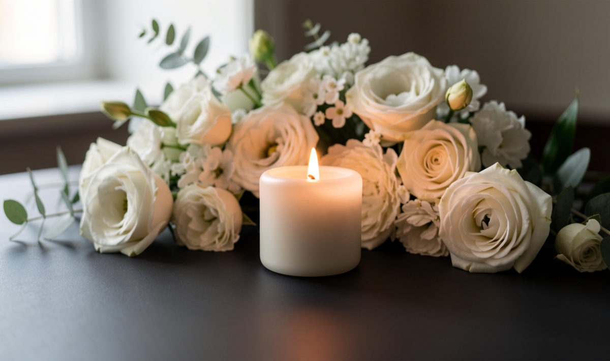 Composition sobre de recueillement avec des fleurs blanches, une bougie allumée et un objet funéraire élégant, éclairés par une lumière douce.