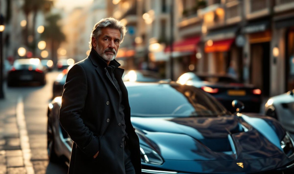 Portrait éditorial d’un créateur automobile à Monaco, entouré de supercars dans une ambiance urbaine haut de gamme, lumière dorée et rendu photographique réaliste.