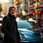 Portrait éditorial d’un créateur automobile à Monaco, entouré de supercars dans une ambiance urbaine haut de gamme, lumière dorée et rendu photographique réaliste.