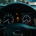 Vue réaliste du tableau de bord d’une voiture avec le voyant de contrôle de l’injection allumé, l’intérieur sobre et une main vigilant sur le volant.
