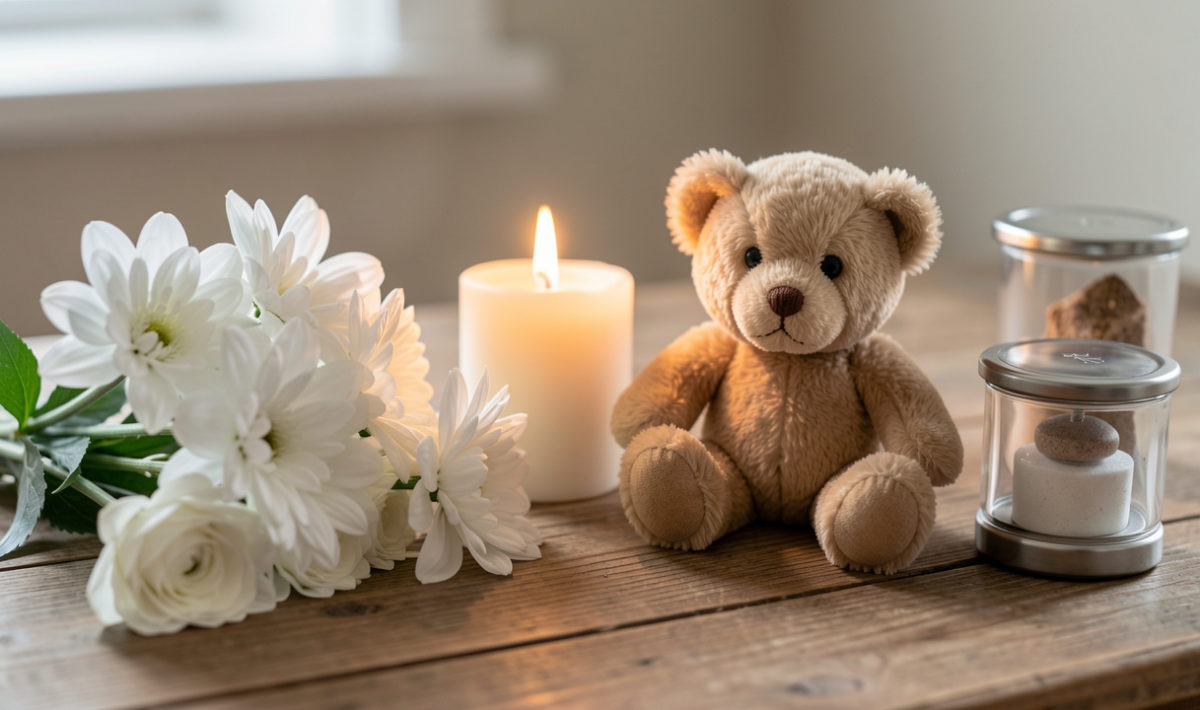 Composition funéraire douce avec des fleurs blanches, une bougie allumée, un petit ourson en peluche et de petits objets symboliques apaisants, posés sur un support en bois.