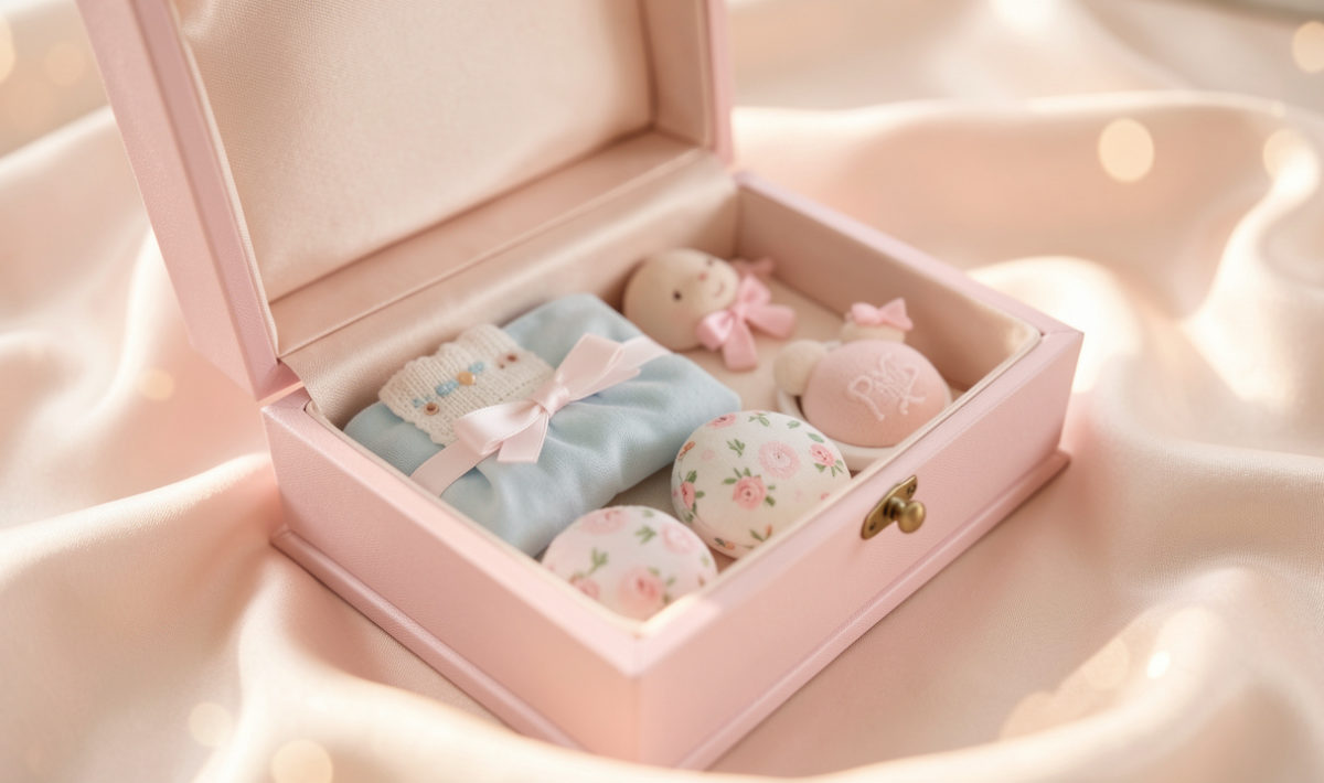 Coffret de naissance élégant avec des objets souvenirs délicats disposés sur un tissu doux, éclairage lumineux et ambiance pastel.