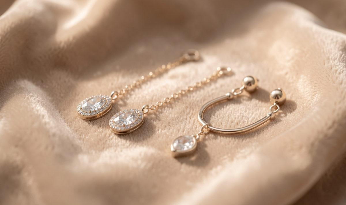 Bijoux de naissance raffinés posés avec soin sur un tissu doux, dans une ambiance lumineuse et élégante.