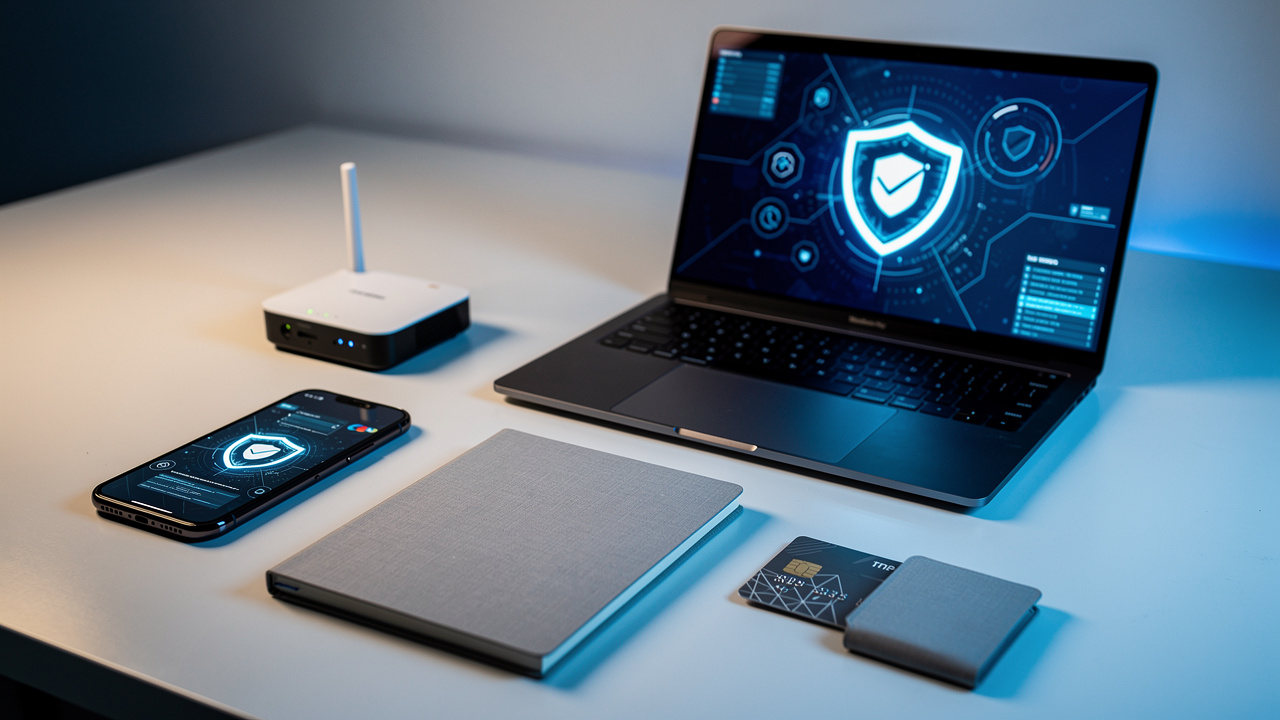 Smartphone et ordinateur séparés d’un routeur sans fil, avec analyse antivirus symbolisée par un bouclier lumineux, carnet vierge et carte bancaire masquée sur un bureau.