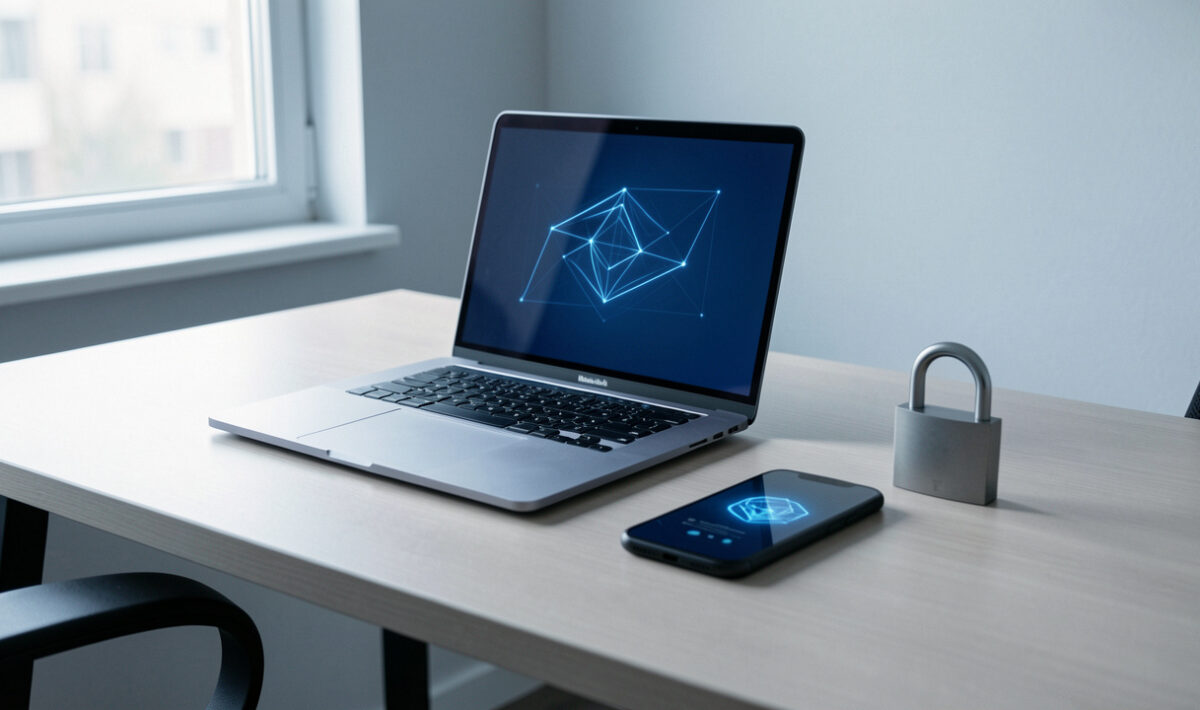 Bureau moderne et épuré avec un ordinateur portable, un smartphone sécurisé, un cadenas discret et une interface numérique abstraite évoquant la protection des données.