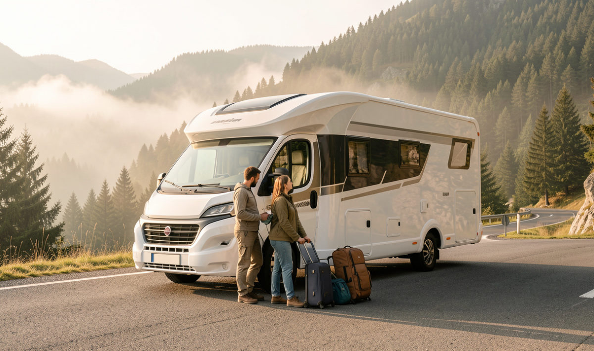 Un camping-car moderne stationné sur une route panoramique, tandis qu’une femme et un homme préparent leurs bagages dans la douce lumière du matin.