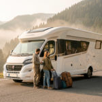 Un camping-car moderne stationné sur une route panoramique, tandis qu’une femme et un homme préparent leurs bagages dans la douce lumière du matin.