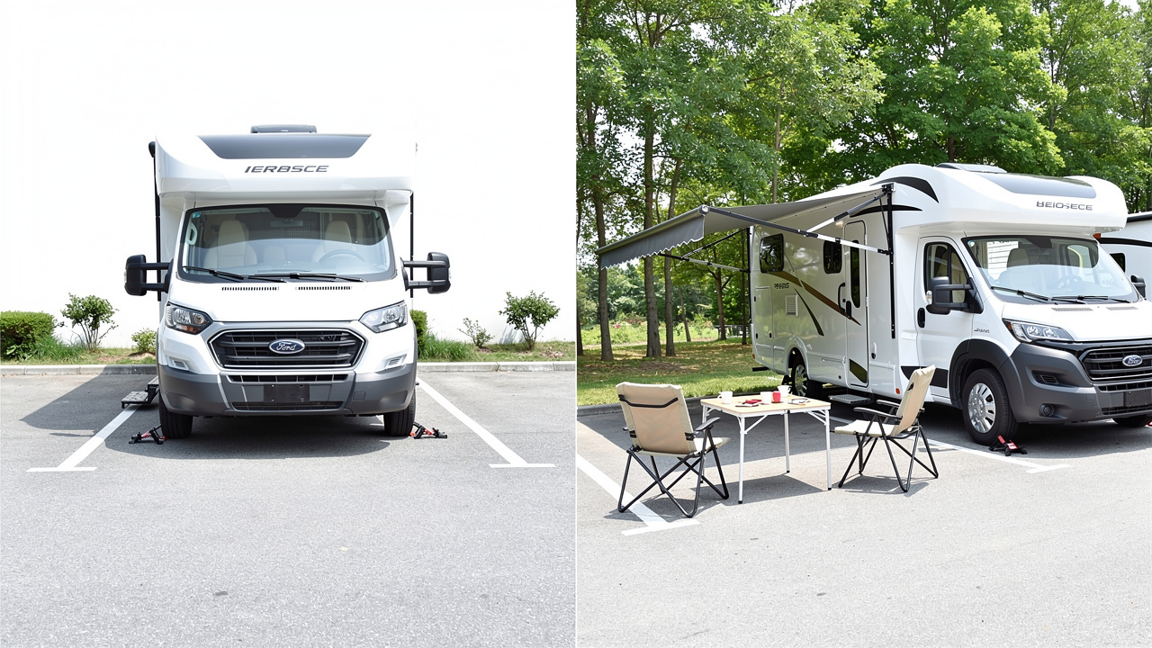 Camping-car proprement stationné sur une place de parking, contrasté avec un auvent déployé, des cales et du mobilier extérieur évoquant un campement.