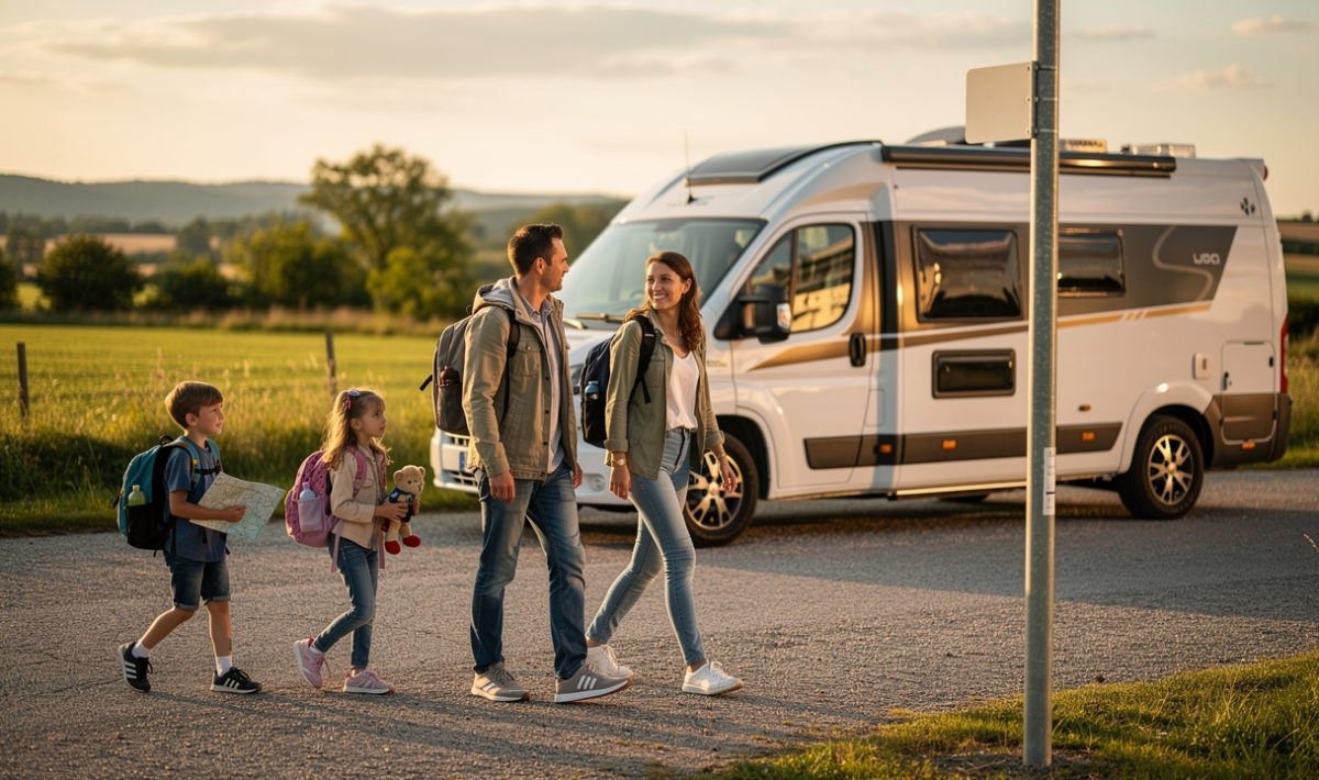 Une famille avec un homme, une femme, un jeune garçon et une jeune fille arrive en camping-car sur une aire de stationnement dédiée, sous la lumière dorée de la fin de journée.