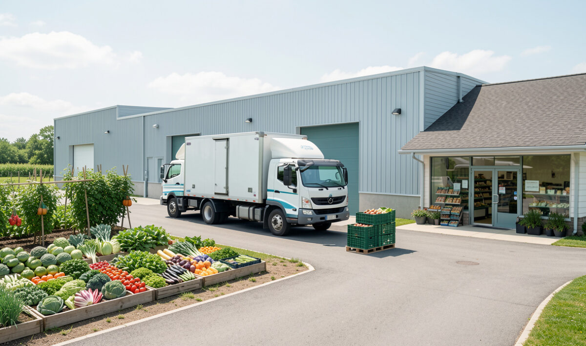 Illustration réaliste et lumineuse d’une chaîne logistique alimentaire reliant une ferme, un camion électrique, un entrepôt frigorifique et un magasin de quartier.