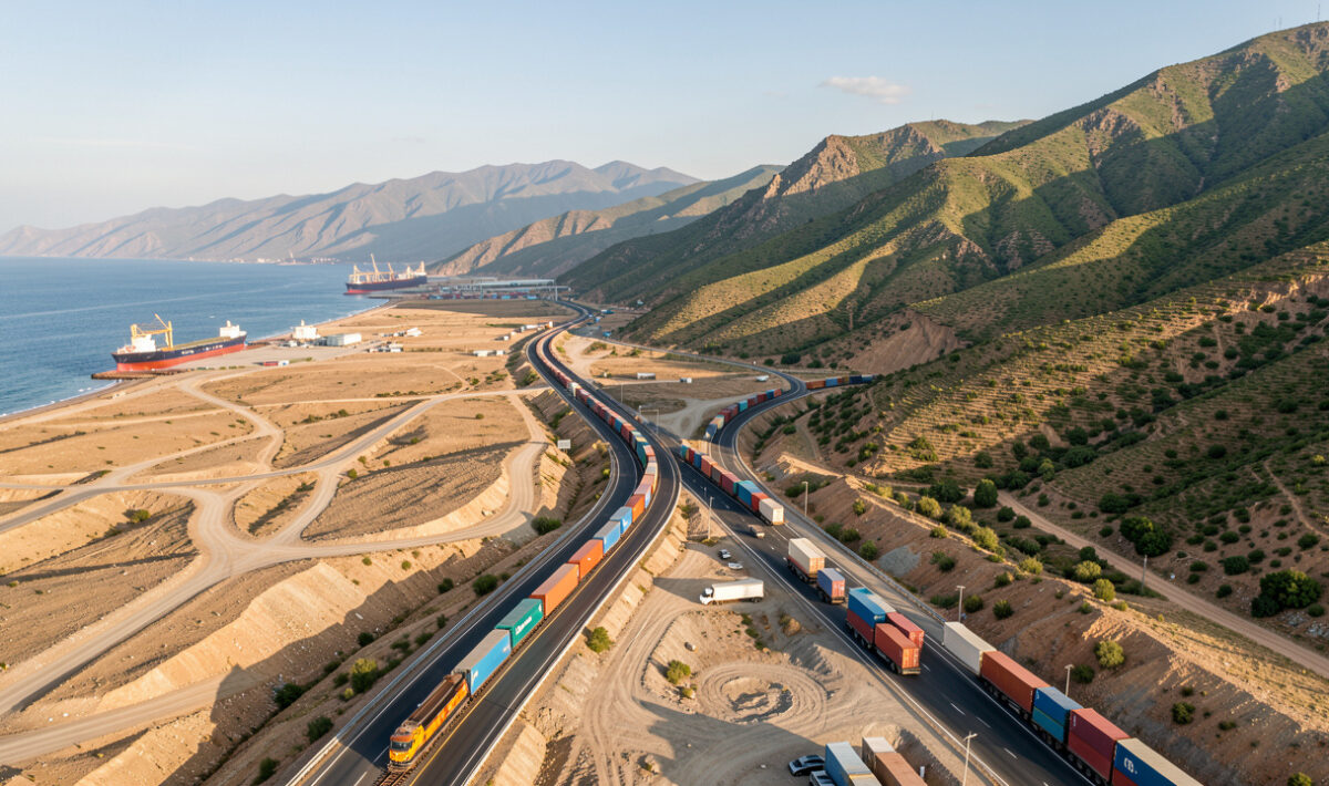 Vue aérienne réaliste d’un corridor logistique reliant le port de Djibouti aux hauts plateaux éthiopiens, avec un train de fret, des camions et des conteneurs dans un paysage passant de terrains arides à des montagnes verdoyantes.