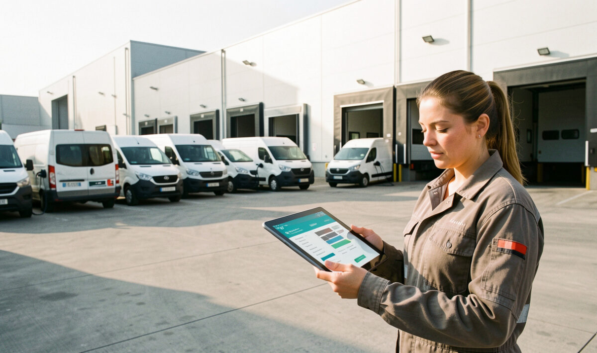 Dépôt logistique moderne avec plusieurs fourgons électriques en charge et une conductrice consultant une tablette de planification à la lumière matinale.