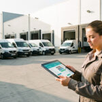 Dépôt logistique moderne avec plusieurs fourgons électriques en charge et une conductrice consultant une tablette de planification à la lumière matinale.