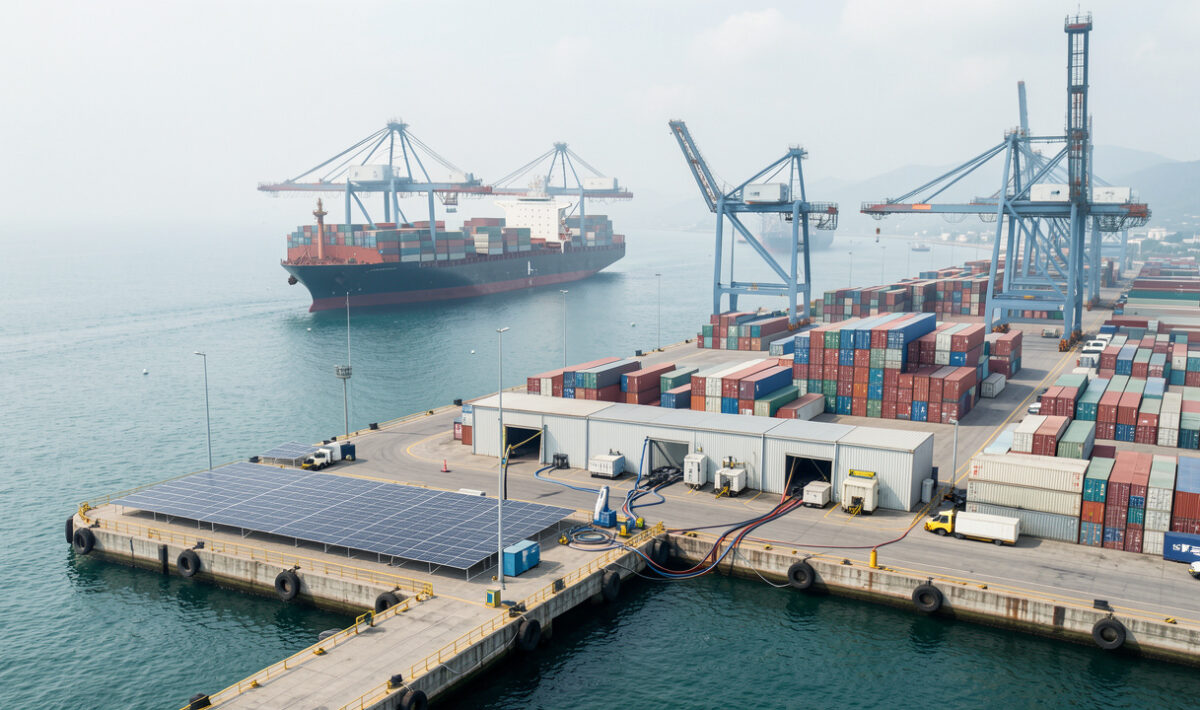 Illustration réaliste d’un port vietnamien en eau profonde avec un porte-conteneurs, des grues de quai, des conteneurs non marqués et des équipements évoquant une logistique durable.