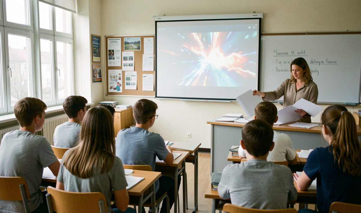 Salle de classe de lycée baignée de lumière naturelle, avec des élèves vus de dos devant une projection et une enseignante préparant des dossiers neutres sur un bureau.