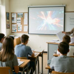 Salle de classe de lycée baignée de lumière naturelle, avec des élèves vus de dos devant une projection et une enseignante préparant des dossiers neutres sur un bureau.