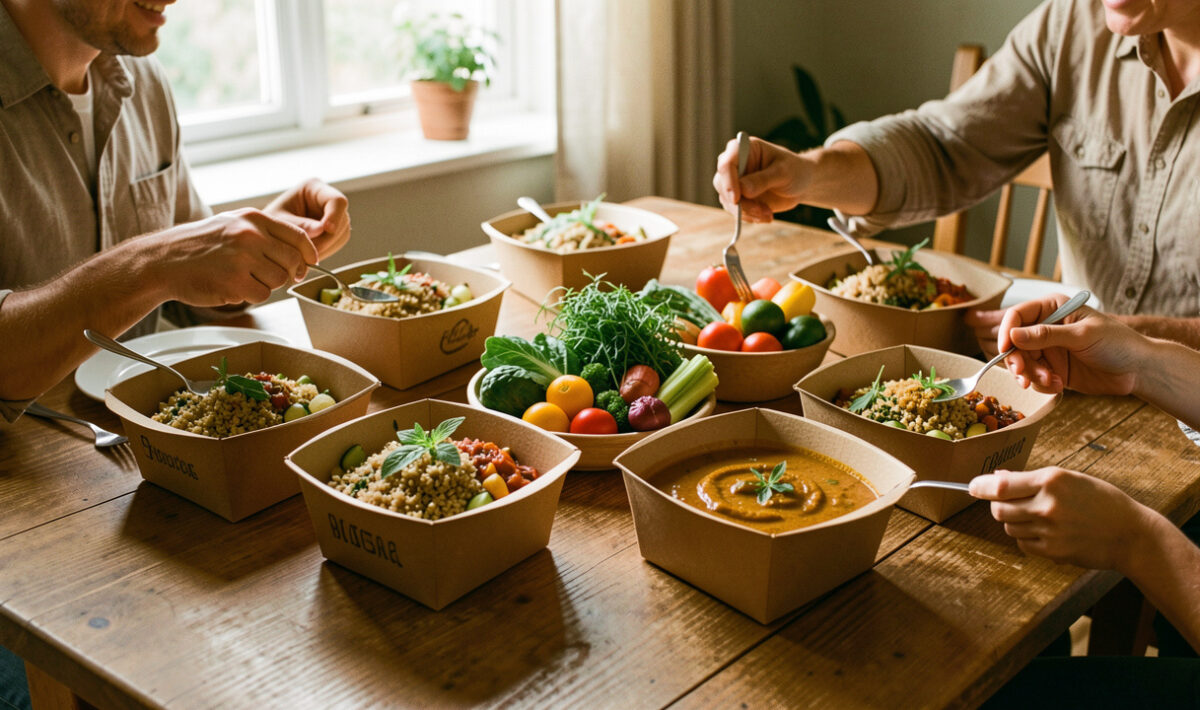 Table familiale lumineuse avec des bowls végétariens et un curry présentés dans des contenants sobres en carton, accompagnés de légumes colorés et d’herbes fraîches.