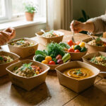 Table familiale lumineuse avec des bowls végétariens et un curry présentés dans des contenants sobres en carton, accompagnés de légumes colorés et d’herbes fraîches.