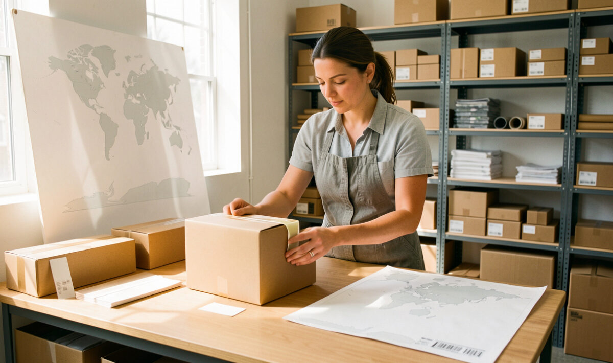 Une commerçante prépare des colis sur un bureau dans un petit entrepôt e-commerce lumineux, avec des étiquettes vierges et une carte du monde sans inscriptions.