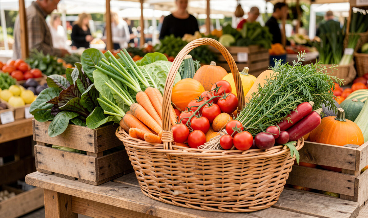 Panier familial rempli de légumes de saison colorés, installé sur un marché local lumineux avec des cageots en bois en arrière-plan.