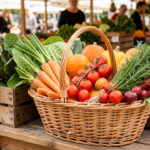 Panier familial rempli de légumes de saison colorés, installé sur un marché local lumineux avec des cageots en bois en arrière-plan.