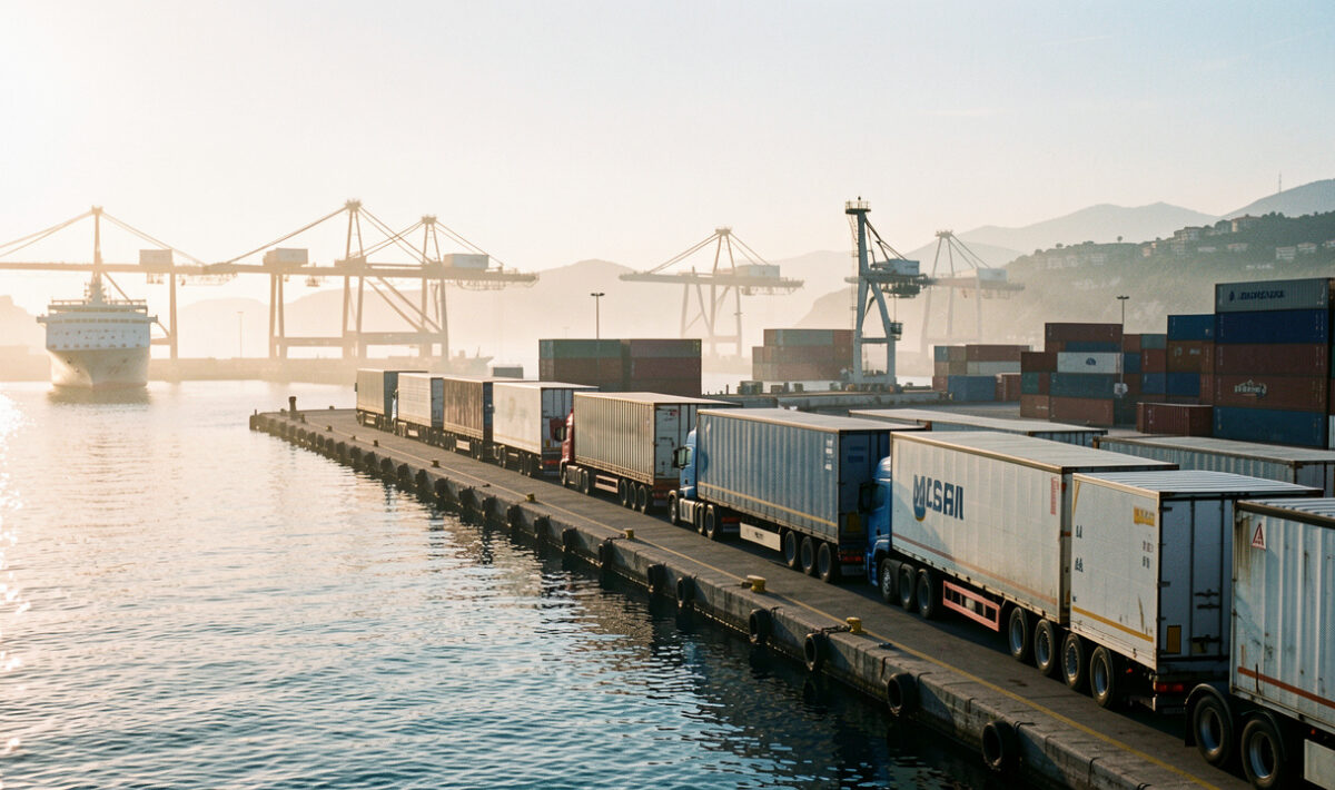 Port de Marseille au lever du jour, avec des camions et remorques de fret alignés sur le quai avant un départ vers la Corse.